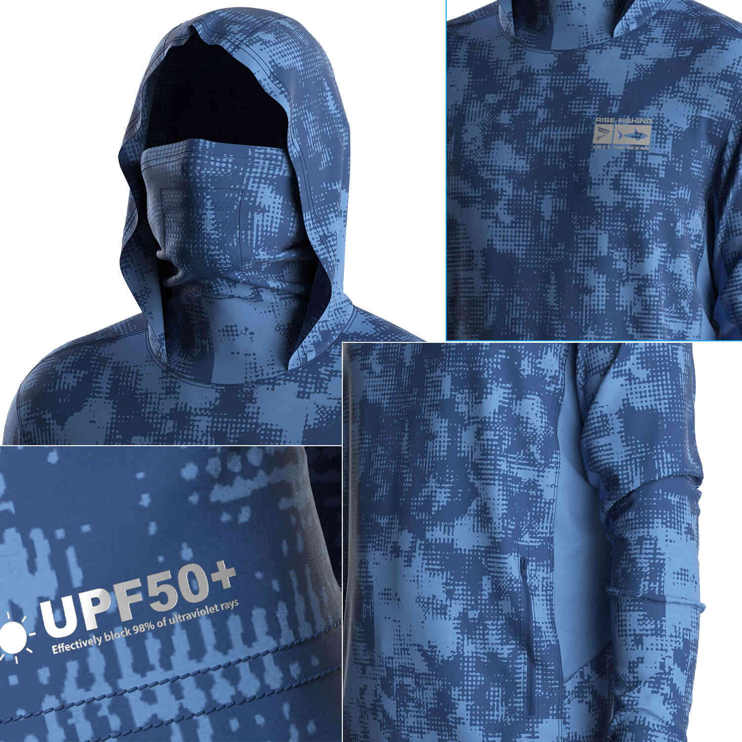 Four details of Men's Mosaic Blue Long sleeve Fishing Hood Shirt with Pocket and Built-in Face Cover (Side Panel Extends Through Underarm to Sleeve Hem)