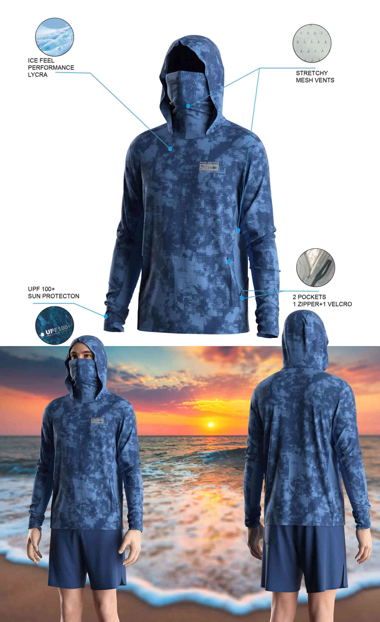 Details features of Men's Mosaic Blue Long-Sleeve Hoodie with Pocket and Built-in Face Cover – Standard Construction (Side Panel Extends Through Underarm to Sleeve Hem). Front and back view of Male model wearing hood fishing shirt w/ mask.