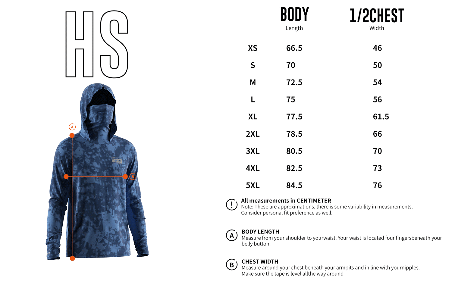 Size chart of Men's Mosaic Blue Long-Sleeve Hoodie with Pocket and Built-in Face Cover – Standard Construction (Side Panel Extends Through Underarm to Sleeve Hem).