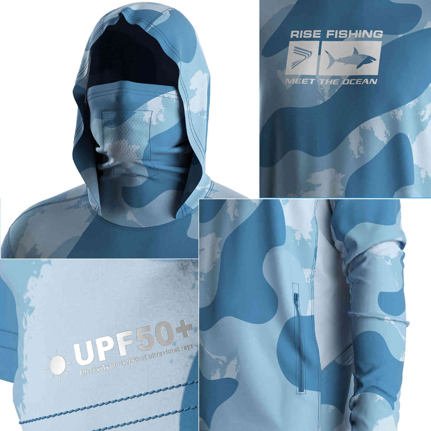 Four details of Men's Ocean Predator Long sleeve Fishing Hood Shirt with Pocket and Built-in Face Cover (Side Panel Extends Through Underarm to Sleeve Hem)