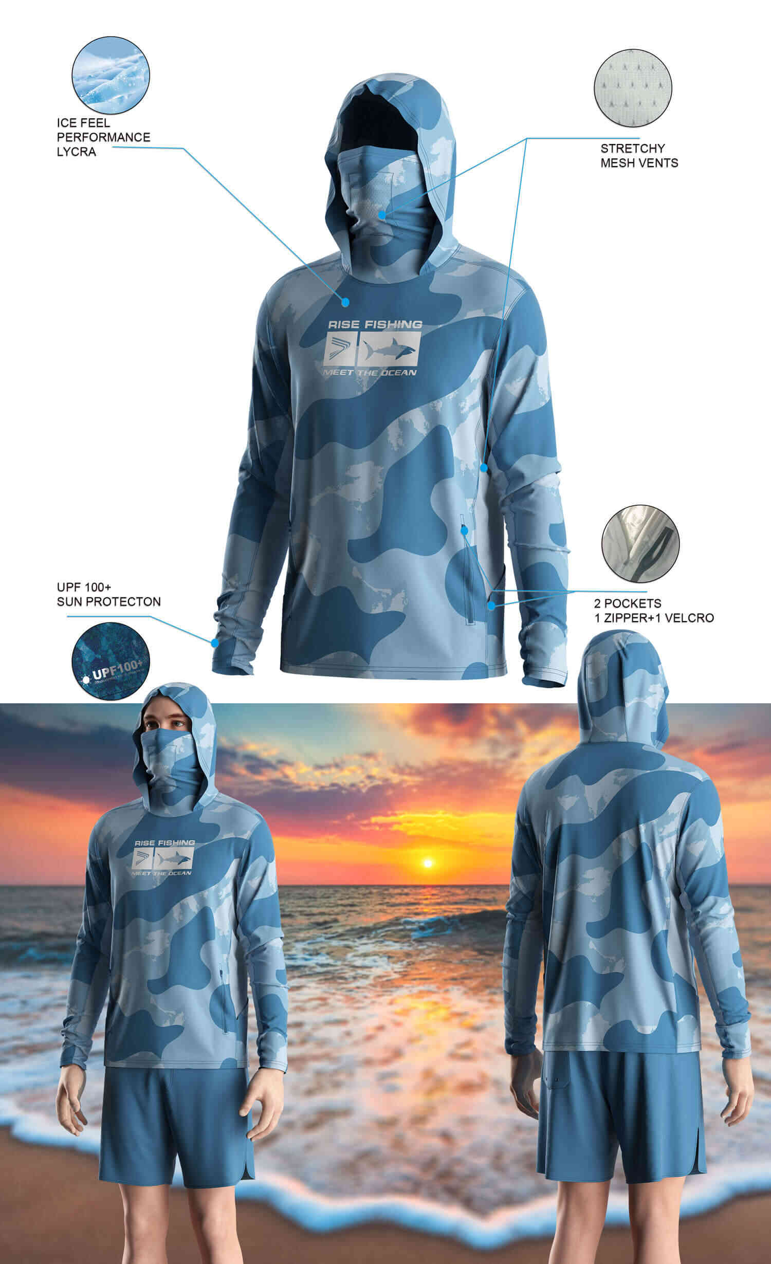 Details features of Men's Ocean Predator Long-Sleeve Hoodie with Pocket and Built-in Face Cover – Standard Construction (Side Panel Extends Through Underarm to Sleeve Hem). Front and back view of Male model wearing hood fishing shirt w/ mask.