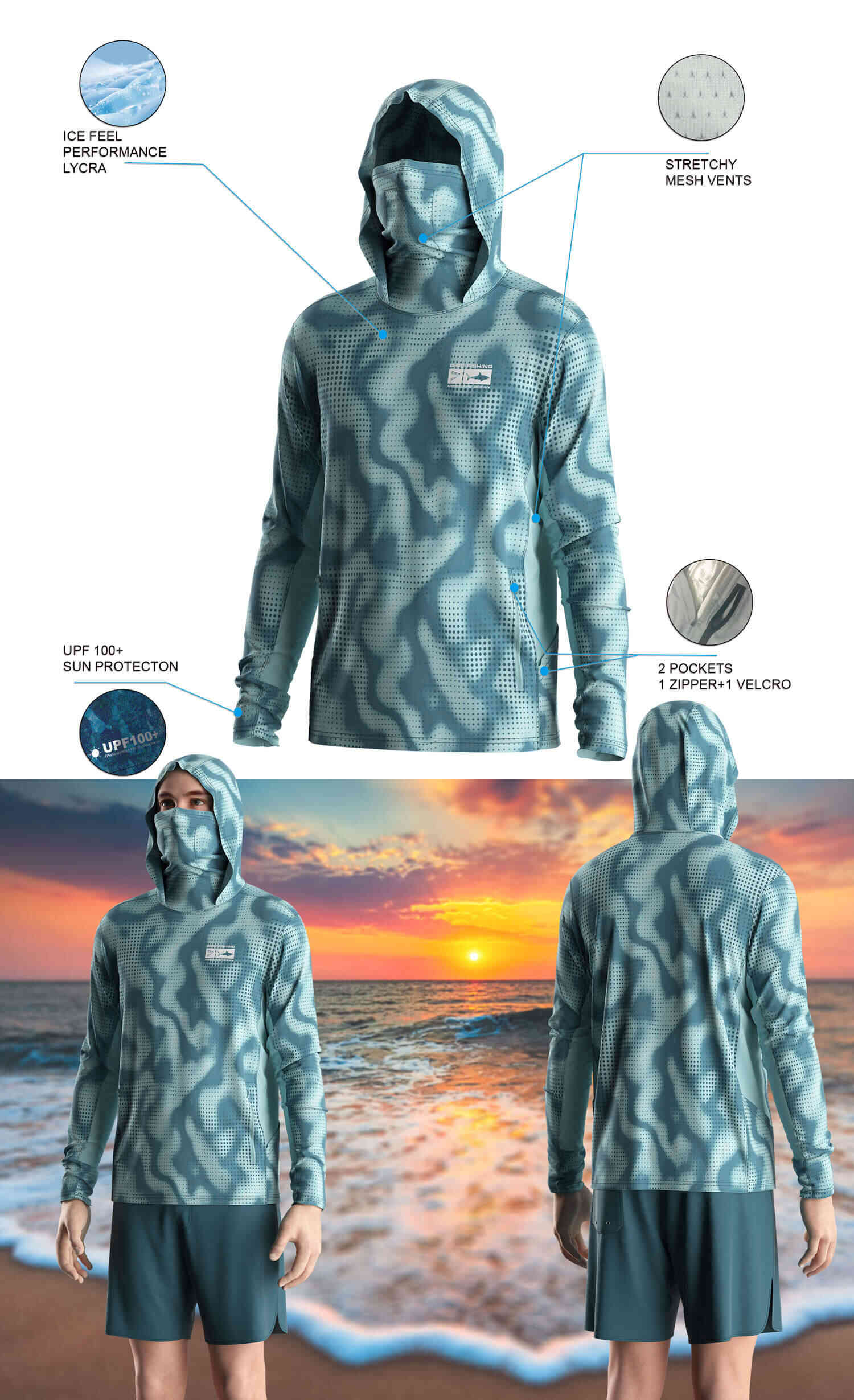Details features of Men's Halftone Dot Long-Sleeve Hoodie with Pocket and Built-in Face Cover – Standard Construction (Side Panel Extends Through Underarm to Sleeve Hem). Front and back view of Male model wearing hood fishing shirt w/ mask.
