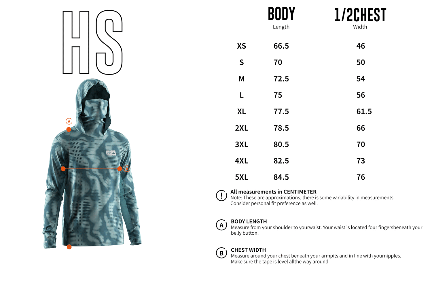Size chart of Men's Halftone Dot Long-Sleeve Hoodie with Pocket and Built-in Face Cover – Standard Construction (Side Panel Extends Through Underarm to Sleeve Hem).