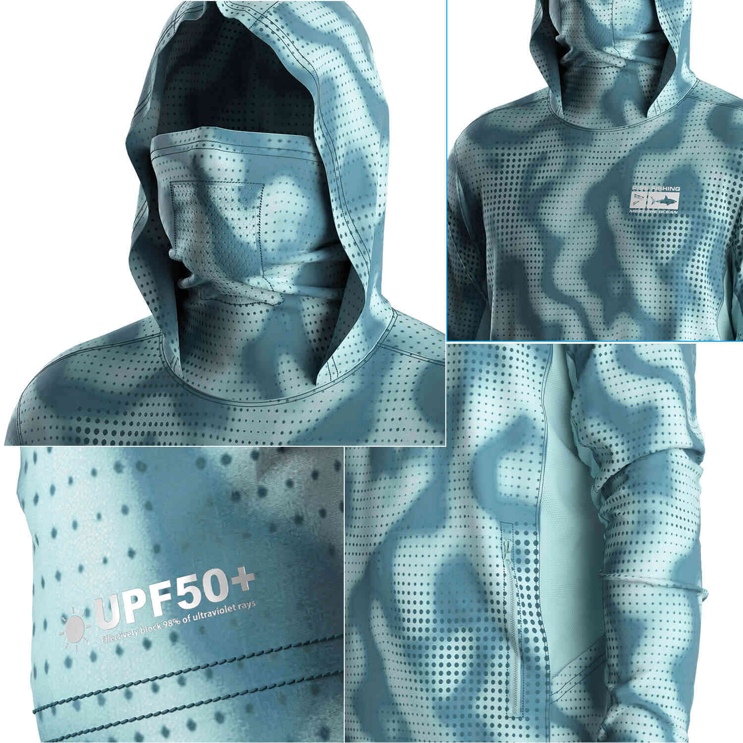 Four details of Men's Halftone Dot Long sleeve Fishing Hood Shirt with Pocket and Built-in Face Cover (Side Panel Extends Through Underarm to Sleeve Hem)