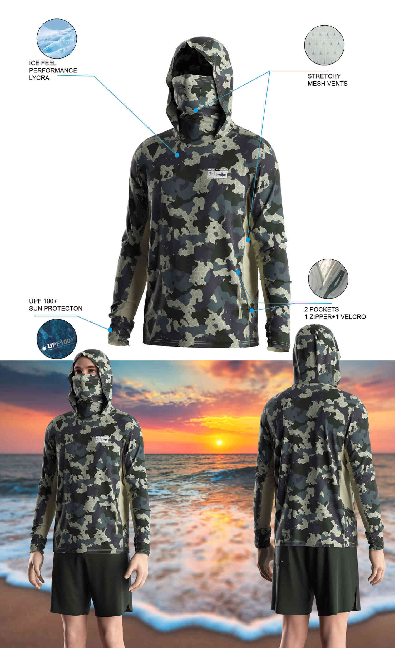 Details features of Men's Land Camo Long-Sleeve Hoodie with Pocket and Built-in Face Cover – Standard Construction (Side Panel Extends Through Underarm to Sleeve Hem). Front and back view of Male model wearing hood fishing shirt w/ mask.