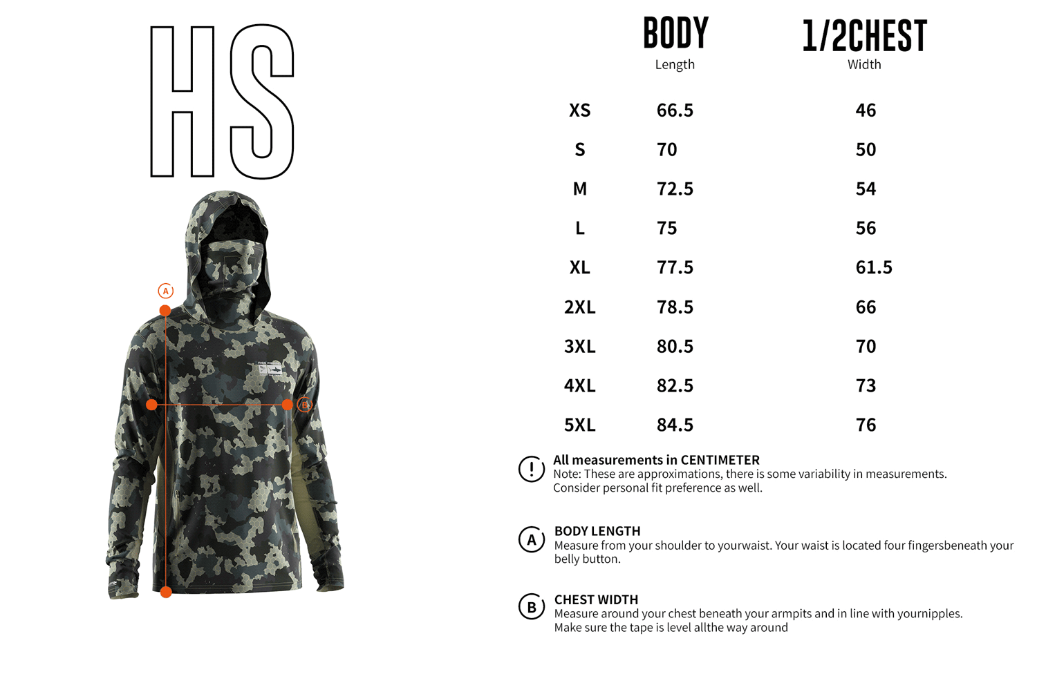 Size chart of Men's Land Camo Long-Sleeve Hoodie with Pocket and Built-in Face Cover – Standard Construction (Side Panel Extends Through Underarm to Sleeve Hem).