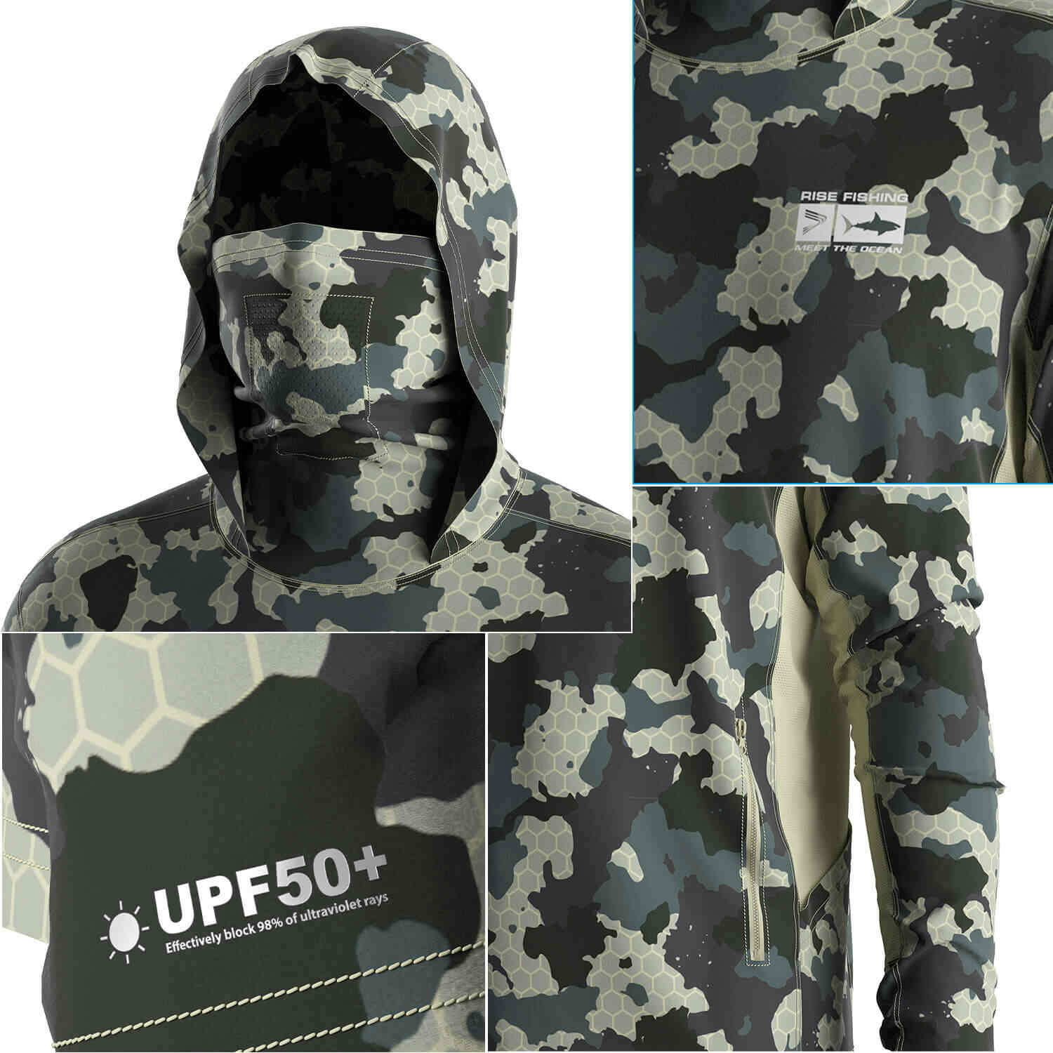 Four details of Men's Land Camo Long sleeve Fishing Hood Shirt with Pocket and Built-in Face Cover (Side Panel Extends Through Underarm to Sleeve Hem)