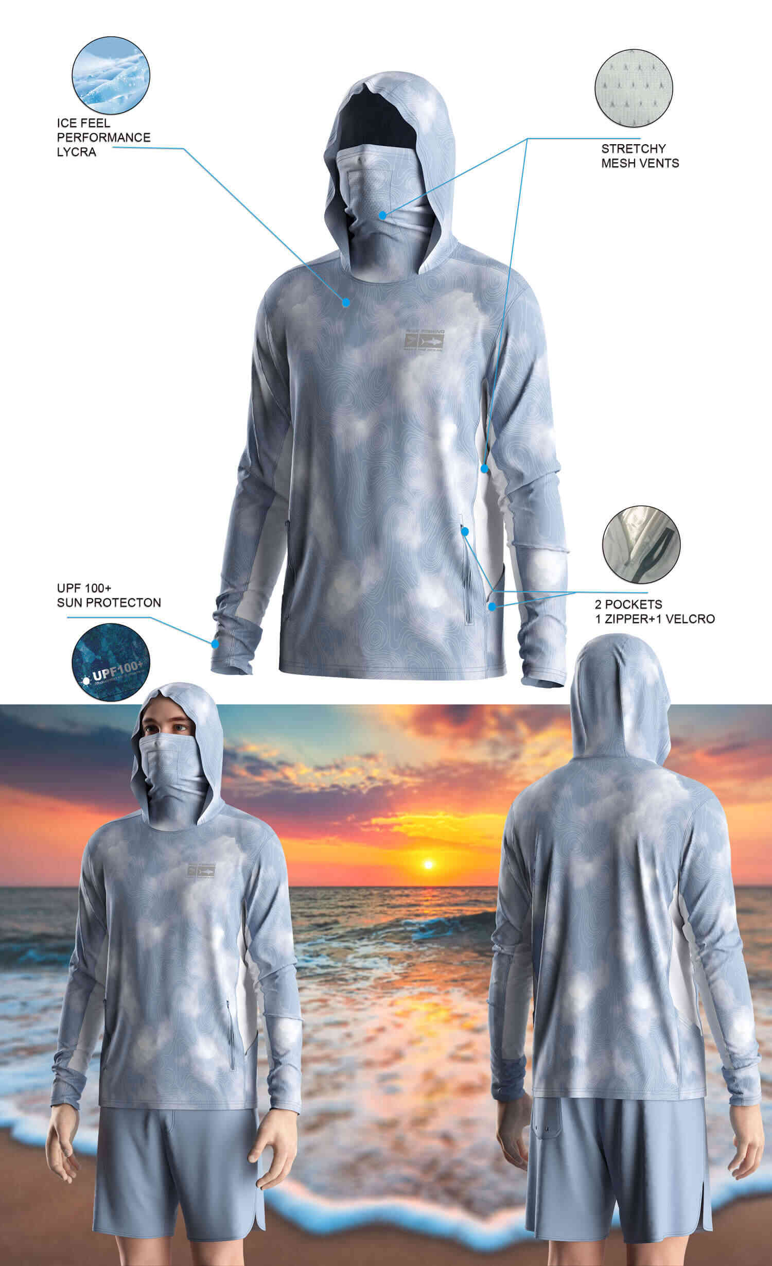 Details features of Men's Sky Cloud Long-Sleeve Hoodie with Pocket and Built-in Face Cover – Standard Construction (Side Panel Extends Through Underarm to Sleeve Hem). Front and back view of Male model wearing hood fishing shirt w/ mask.