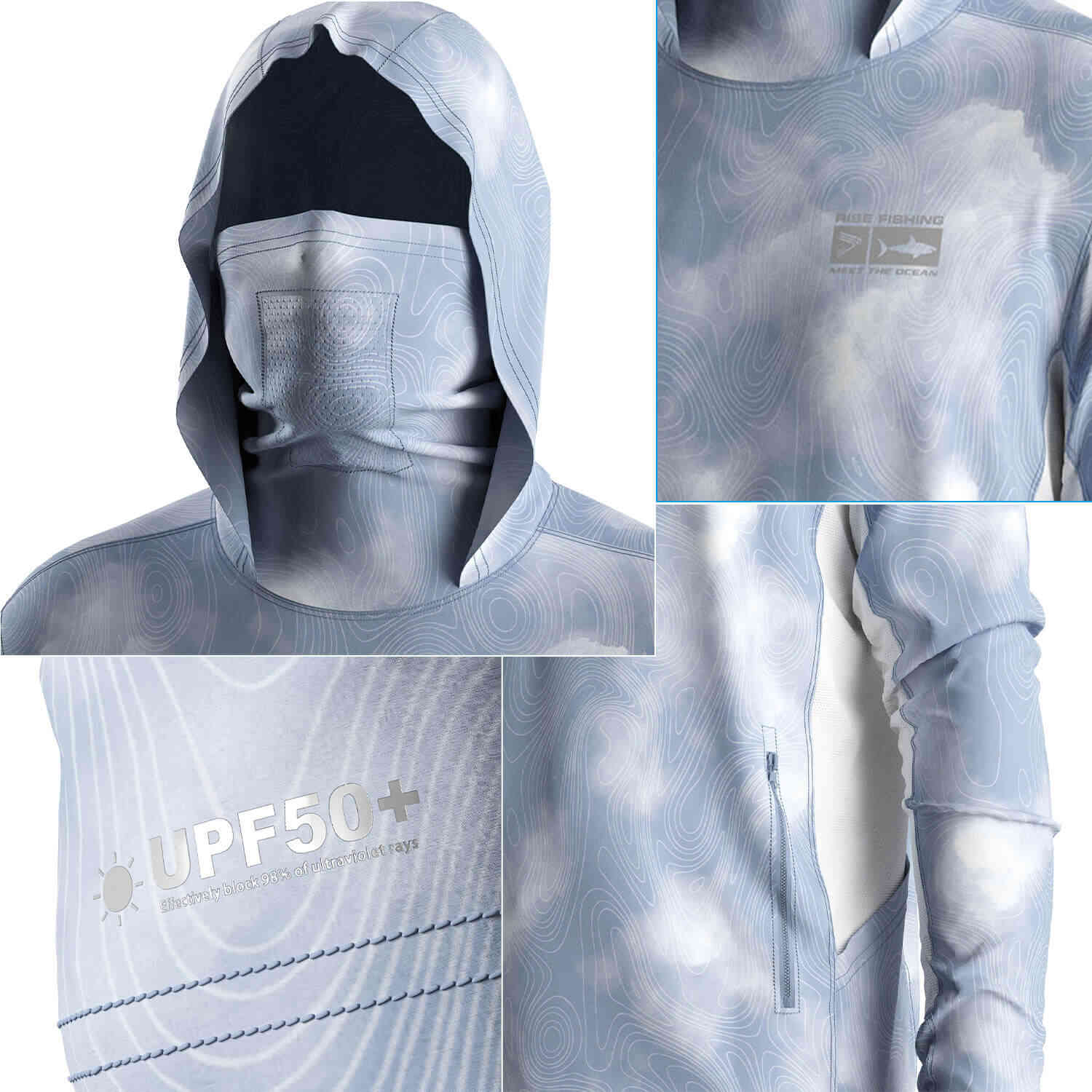 Four details of Men's Sky Cloud Long sleeve Fishing Hood Shirt with Pocket and Built-in Face Cover (Side Panel Extends Through Underarm to Sleeve Hem)