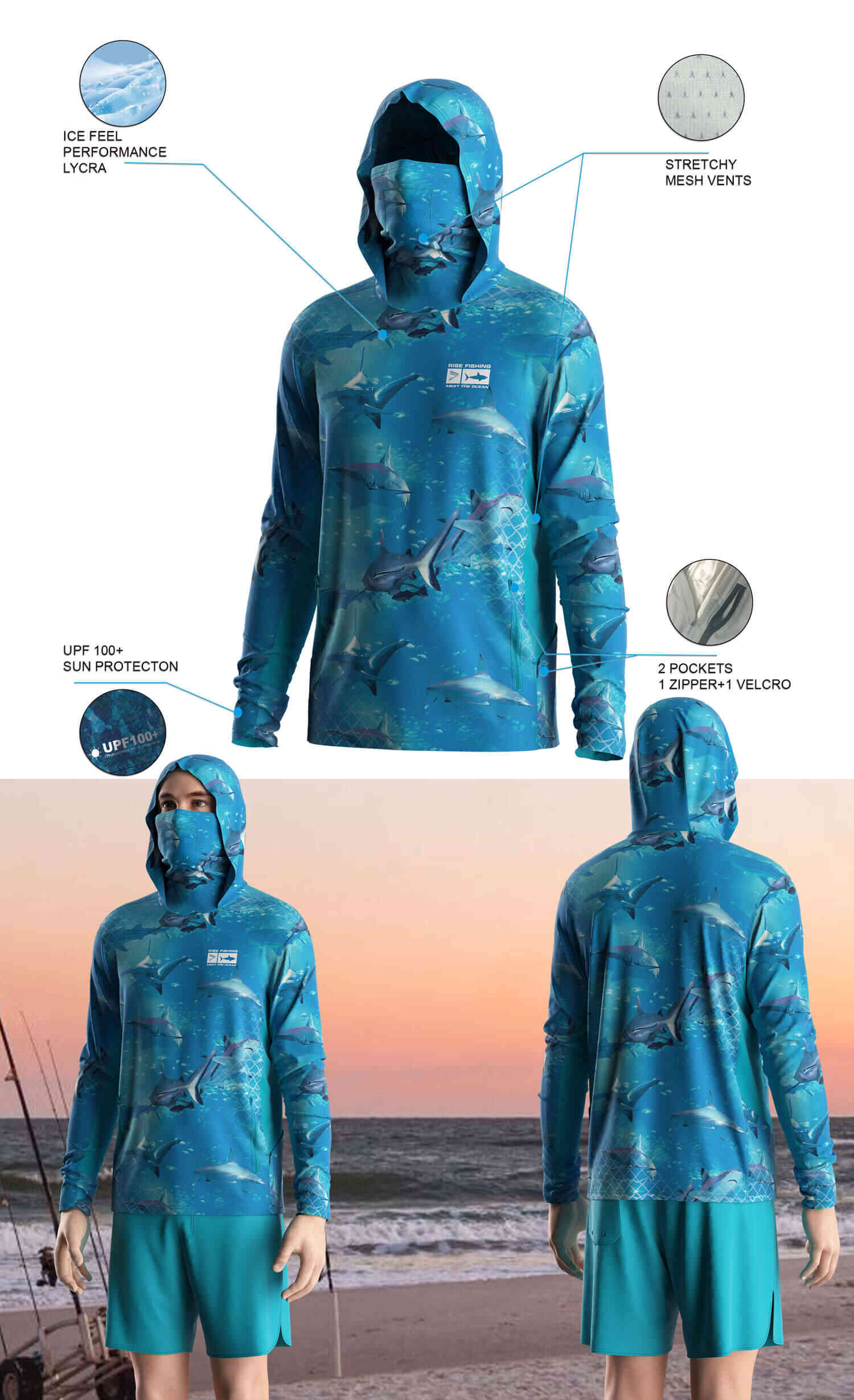 Details features of Men's Marine Swarm Long-Sleeve Hoodie with Pocket and Built-in Face Cover – Standard Construction (Side Panel Extends Through Underarm to Sleeve Hem). Front and back view of Male model wearing hood fishing shirt w/ mask.