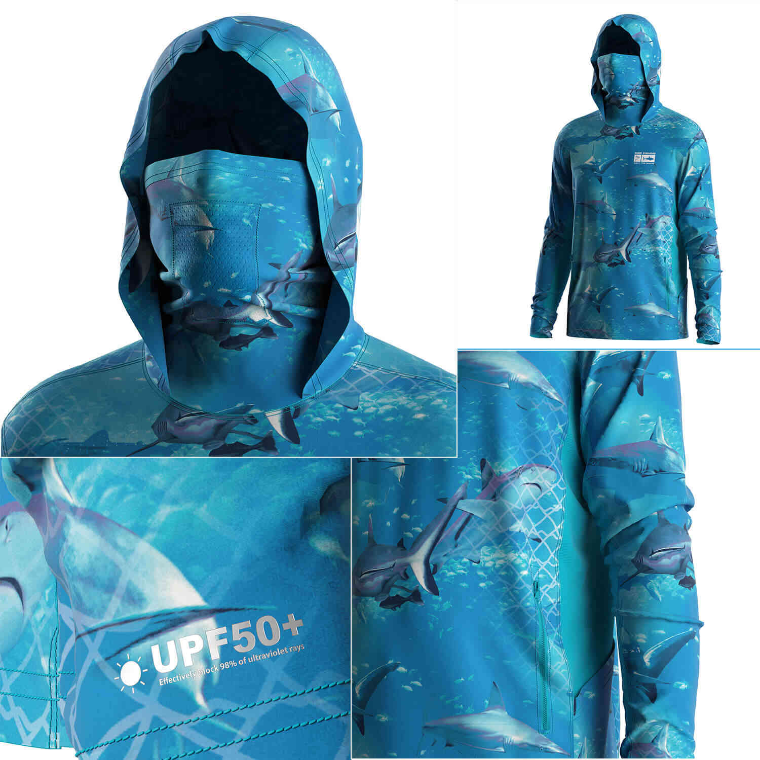 Four details of Men's Marine Swarm Long sleeve Fishing Hood Shirt with Pocket and Built-in Face Cover (Side Panel Extends Through Underarm to Sleeve Hem)