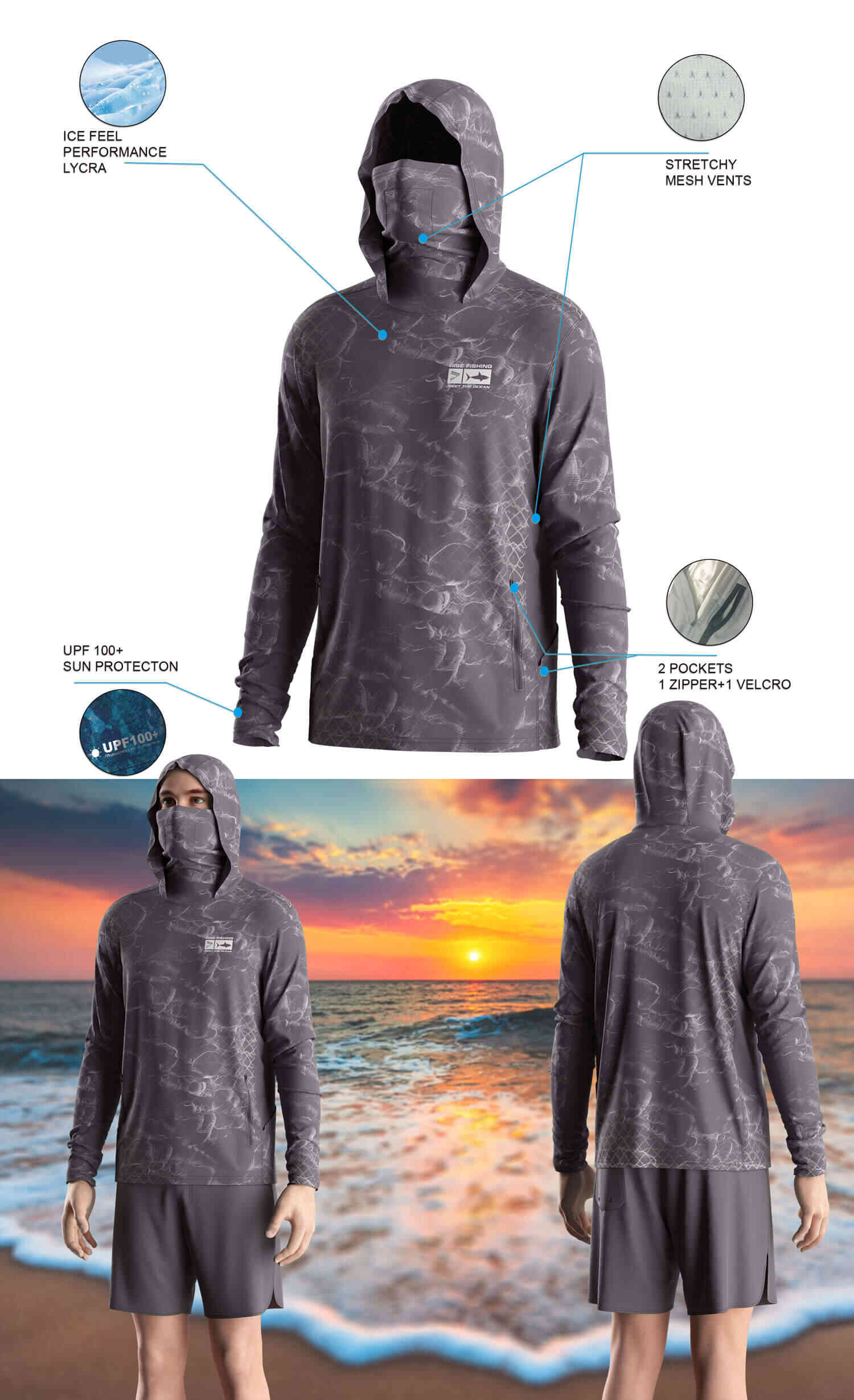 Details features of Men's Cloud Net Long-Sleeve Hoodie with Pocket and Built-in Face Cover – Standard Construction (Side Panel Extends Through Underarm to Sleeve Hem). Front and back view of Male model wearing hood fishing shirt w/ mask.