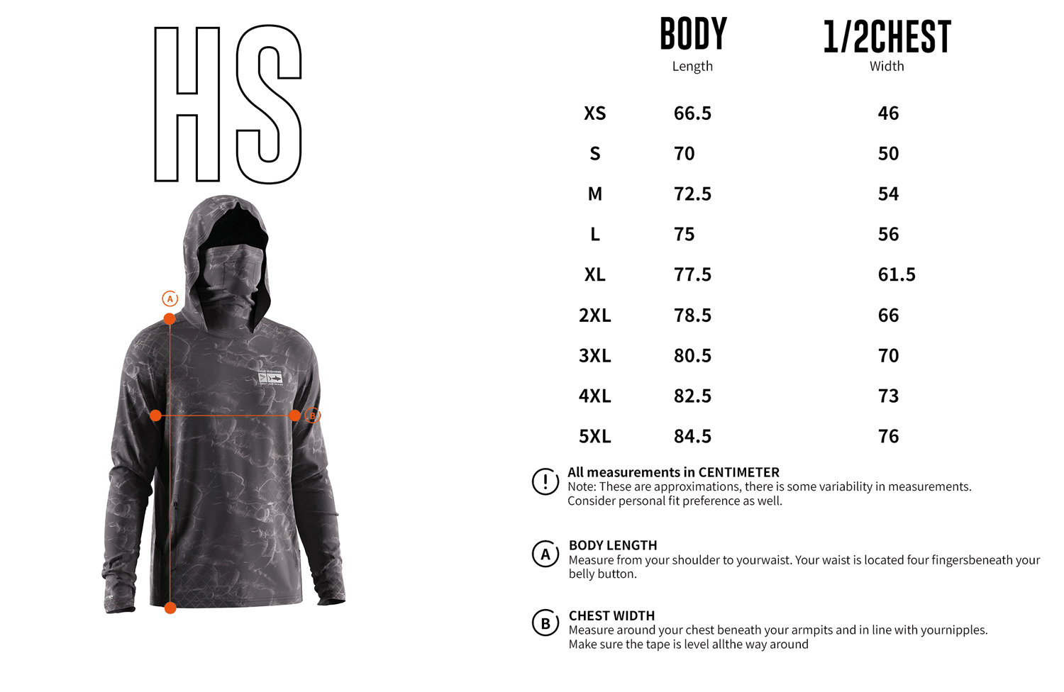 Size chart of Men's Cloud Net Long-Sleeve Hoodie with Pocket and Built-in Face Cover – Standard Construction (Side Panel Extends Through Underarm to Sleeve Hem).