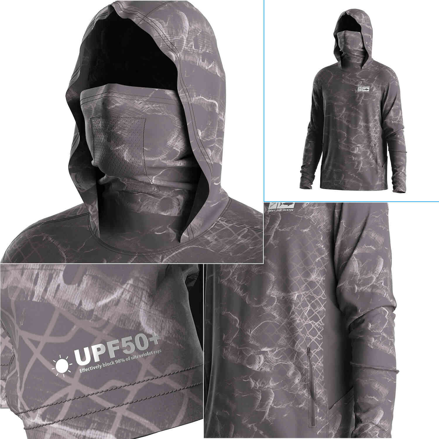 Four details of Men's Cloud Net Long sleeve Fishing Hood Shirt with Pocket and Built-in Face Cover (Side Panel Extends Through Underarm to Sleeve Hem)