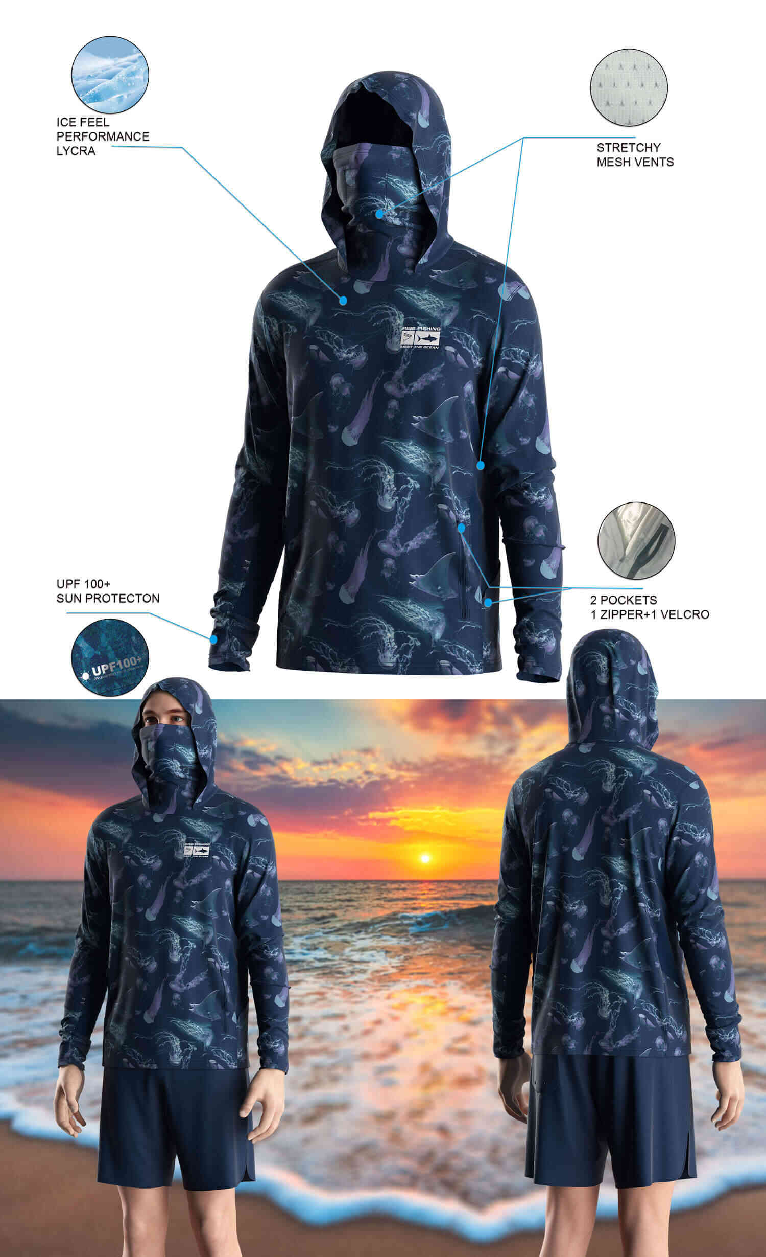 Details features of Men's School of Fish Long-Sleeve Hoodie with Pocket and Built-in Face Cover – Standard Construction (Side Panel Extends Through Underarm to Sleeve Hem). Front and back view of Male model wearing hood fishing shirt w/ mask.