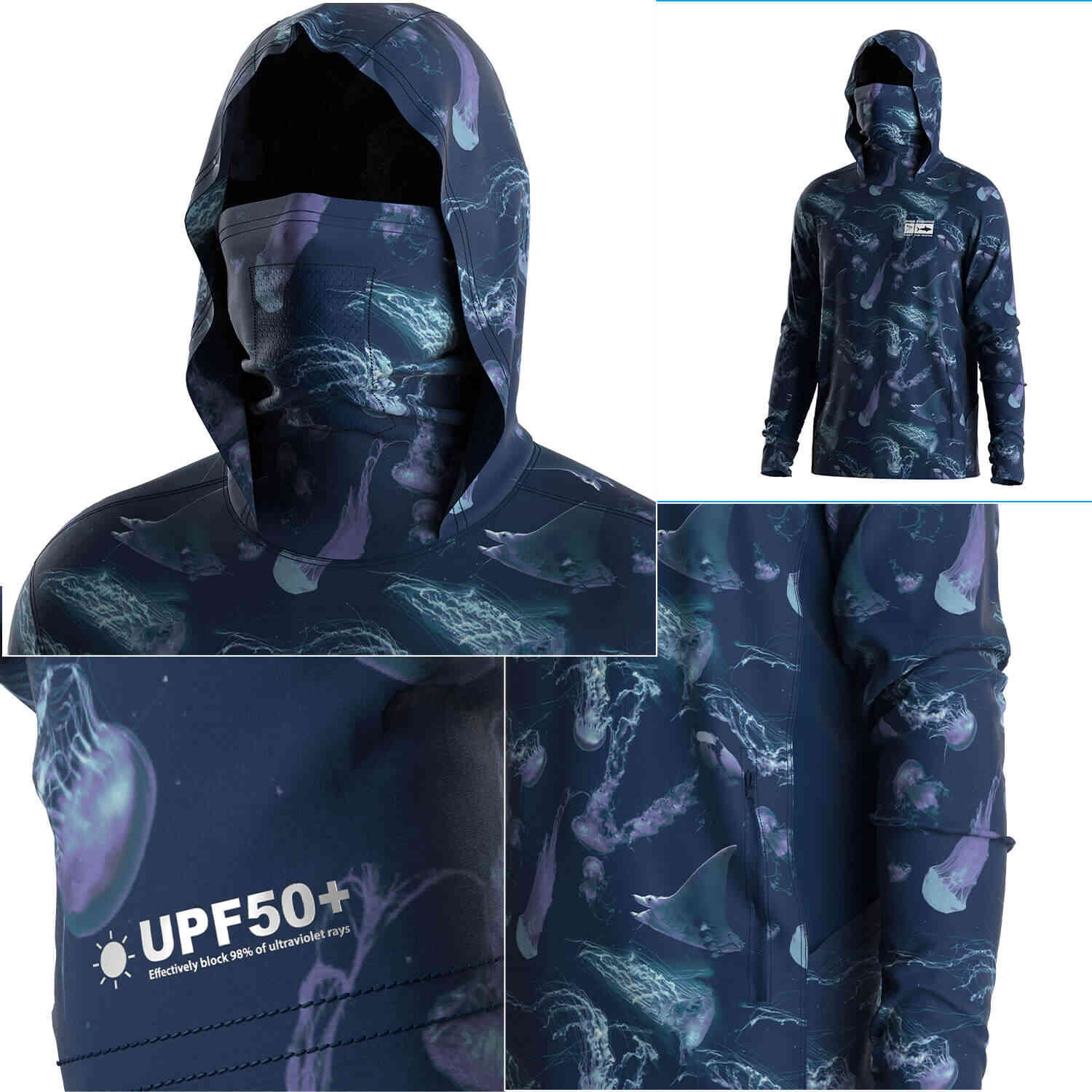 Four details of Men's School of Fish Long sleeve Fishing Hood Shirt with Pocket and Built-in Face Cover (Side Panel Extends Through Underarm to Sleeve Hem)