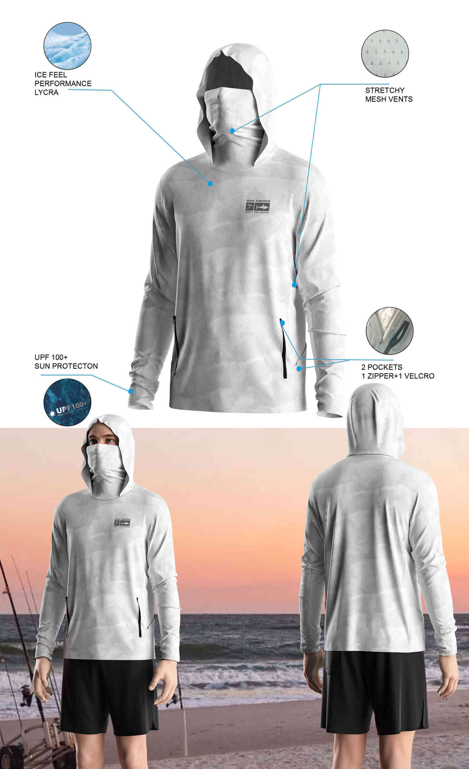 Details features of Men's Wave Print Long-Sleeve Hoodie with Pocket and Built-in Face Cover – Standard Construction (Side Panel Extends Through Underarm to Sleeve Hem). Front and back view of Male model wearing hood fishing shirt w/ mask.