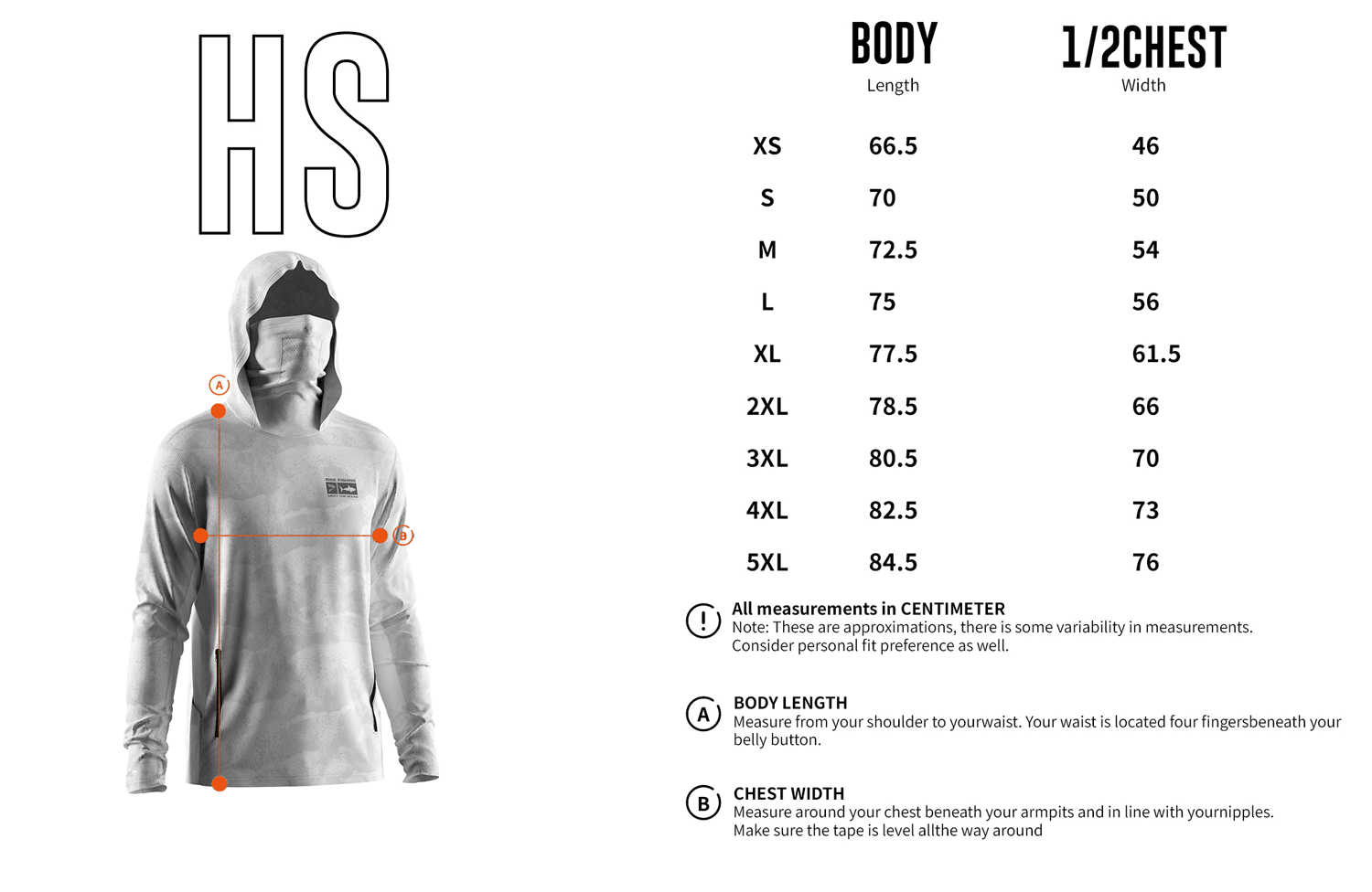 Size chart of Men's Wave Print Long-Sleeve Hoodie with Pocket and Built-in Face Cover – Standard Construction (Side Panel Extends Through Underarm to Sleeve Hem).