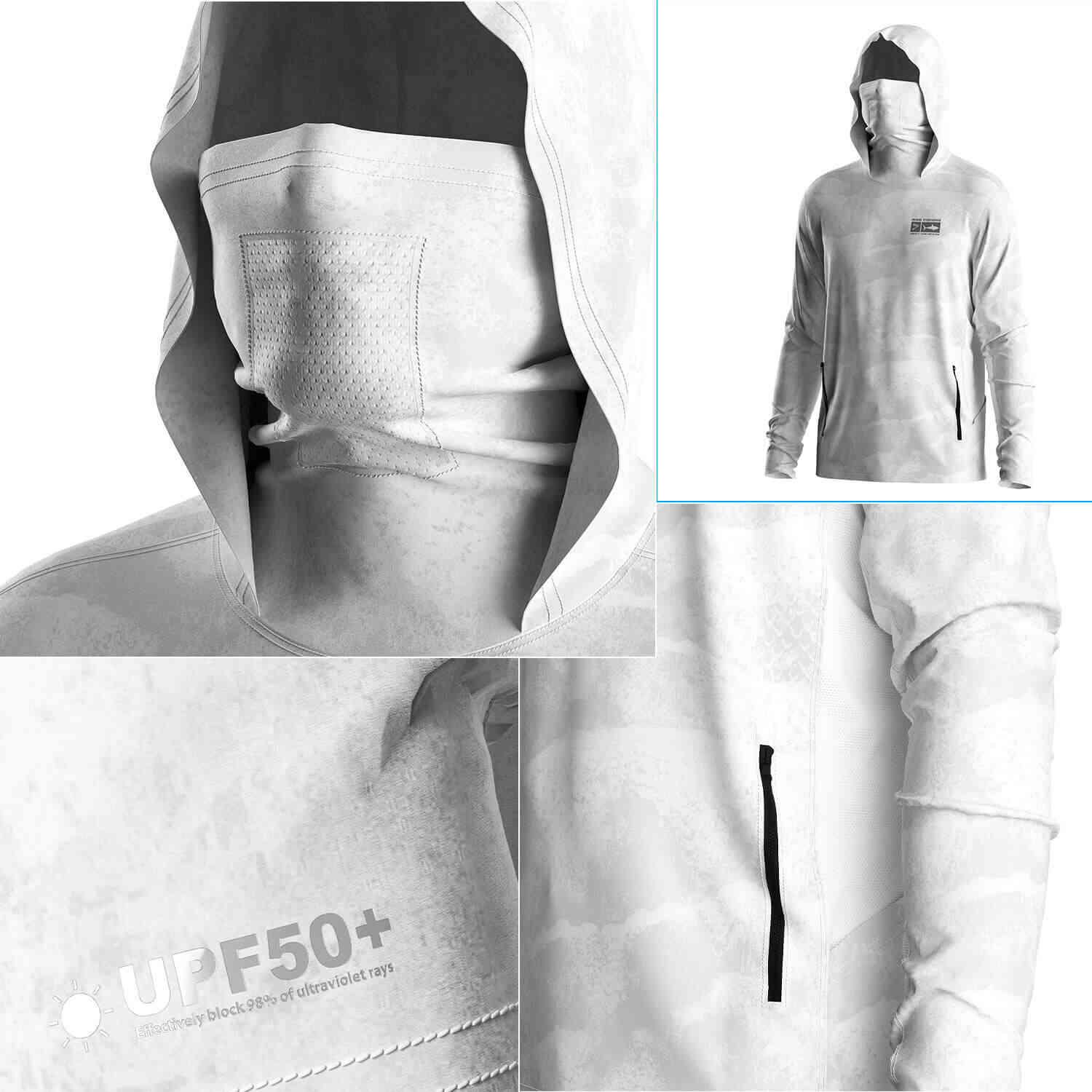 Four details of Men's Wave Print Long sleeve Fishing Hood Shirt with Pocket and Built-in Face Cover (Side Panel Extends Through Underarm to Sleeve Hem)