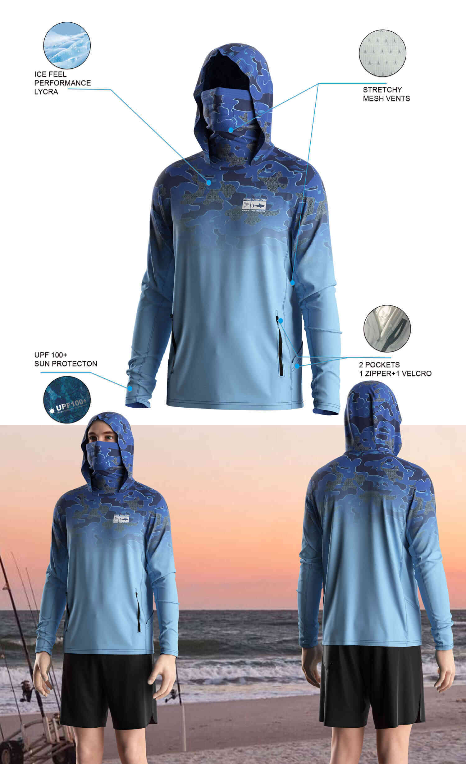 Details features of Men's Blue Camo Long-Sleeve Hoodie with Pocket and Built-in Face Cover – Standard Construction (Side Panel Extends Through Underarm to Sleeve Hem). Front and back view of Male model wearing hood fishing shirt w/ mask.