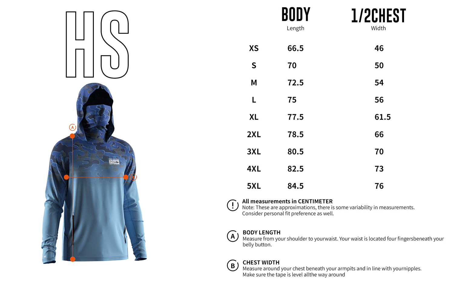Size chart of Men's Long-Sleeve Hoodie with Pocket and Built-in Face Cover – Standard Construction (Side Panel Extends Through Underarm to Sleeve Hem).