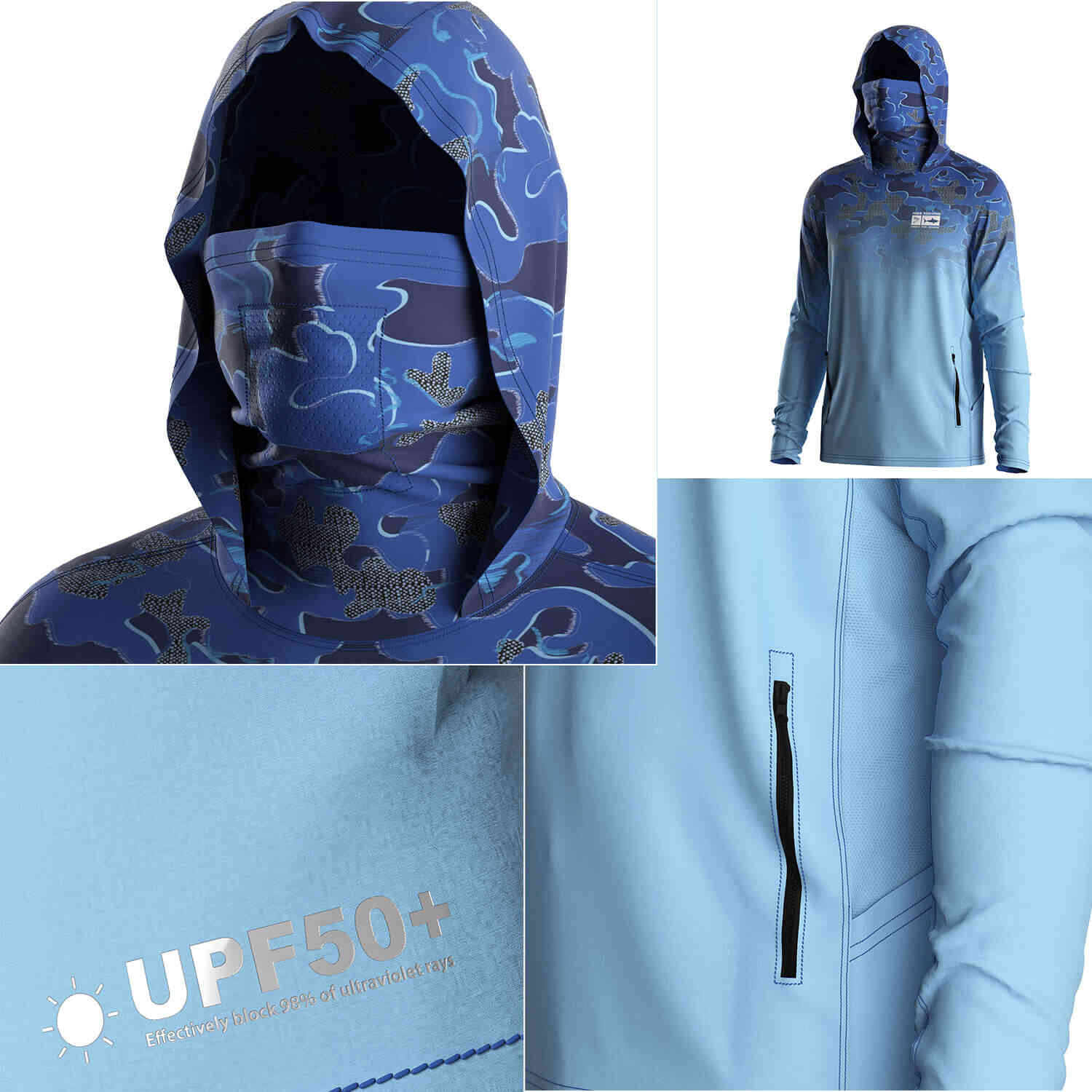 Four details of Men's Blue Camo Long sleeve Fishing Hood Shirt with Pocket and Built-in Face Cover (Side Panel Extends Through Underarm to Sleeve Hem)