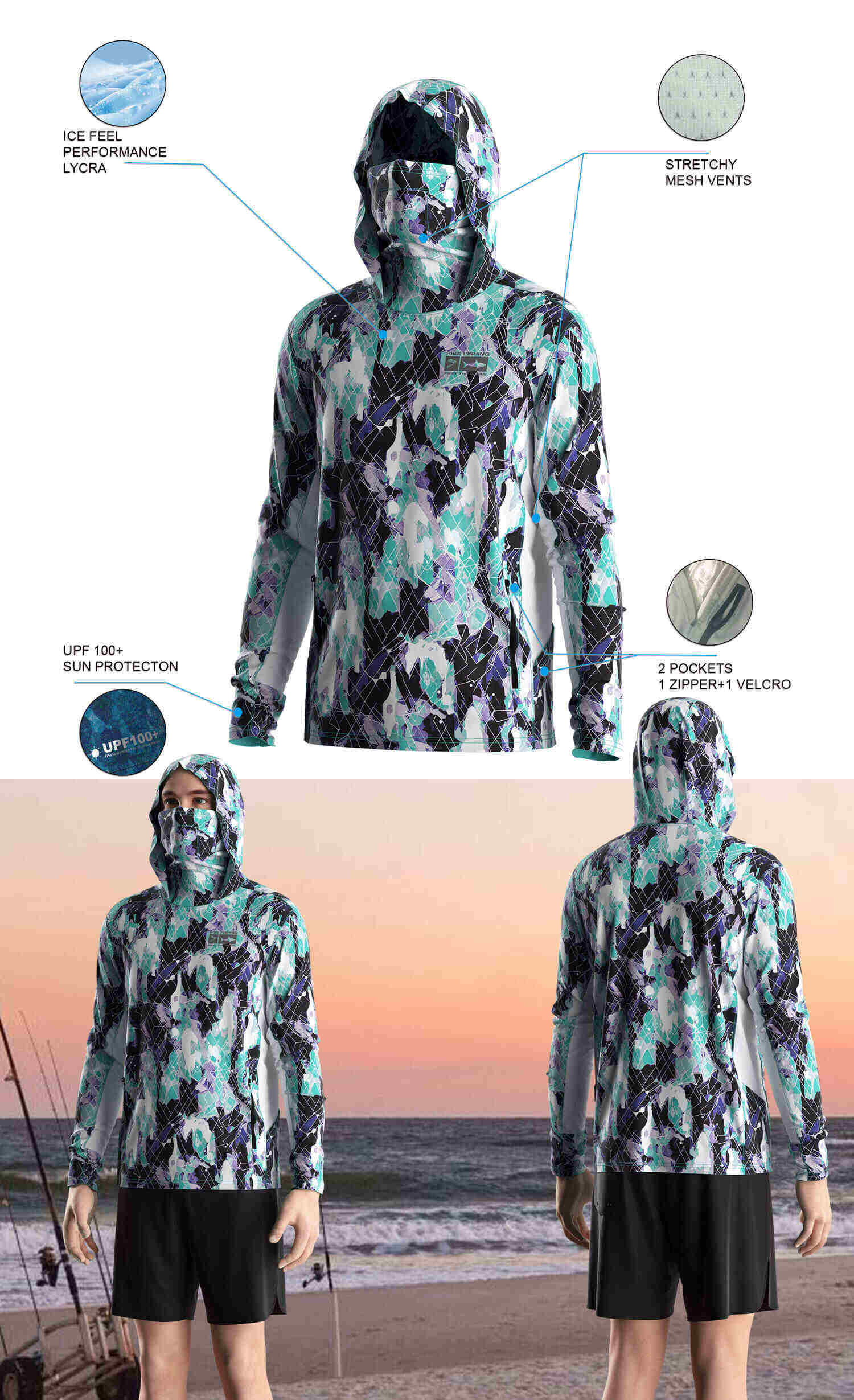 Details features of Men's Green Camo Long-Sleeve Hoodie with Pocket and Built-in Face Cover – Standard Construction (Side Panel Extends Through Underarm to Sleeve Hem). Front and back view of Male model wearing hood fishing shirt w/ mask.