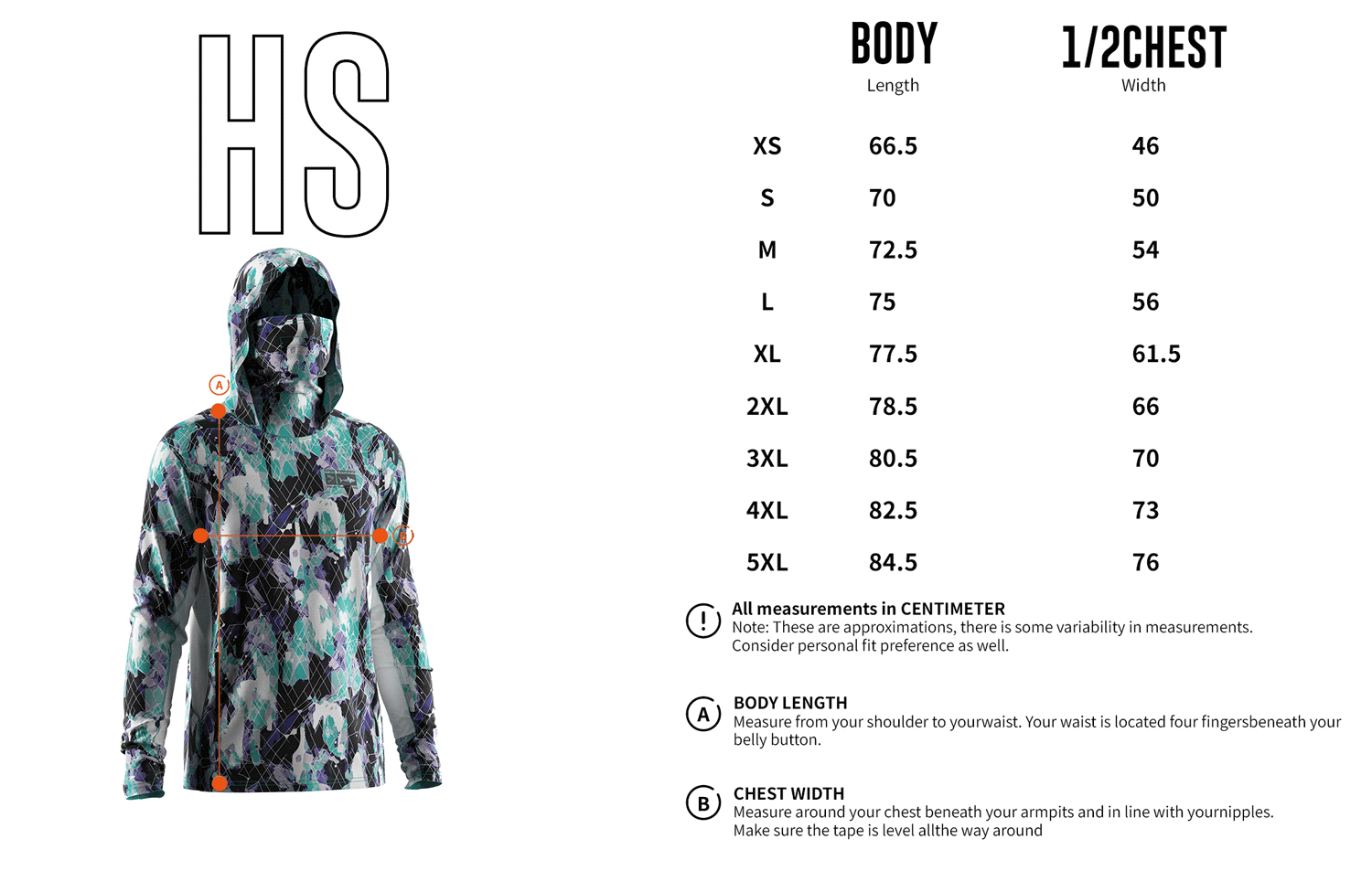 Size chart of Men's Green Camo Long-Sleeve Hoodie with Pocket and Built-in Face Cover – Standard Construction (Side Panel Extends Through Underarm to Sleeve Hem).