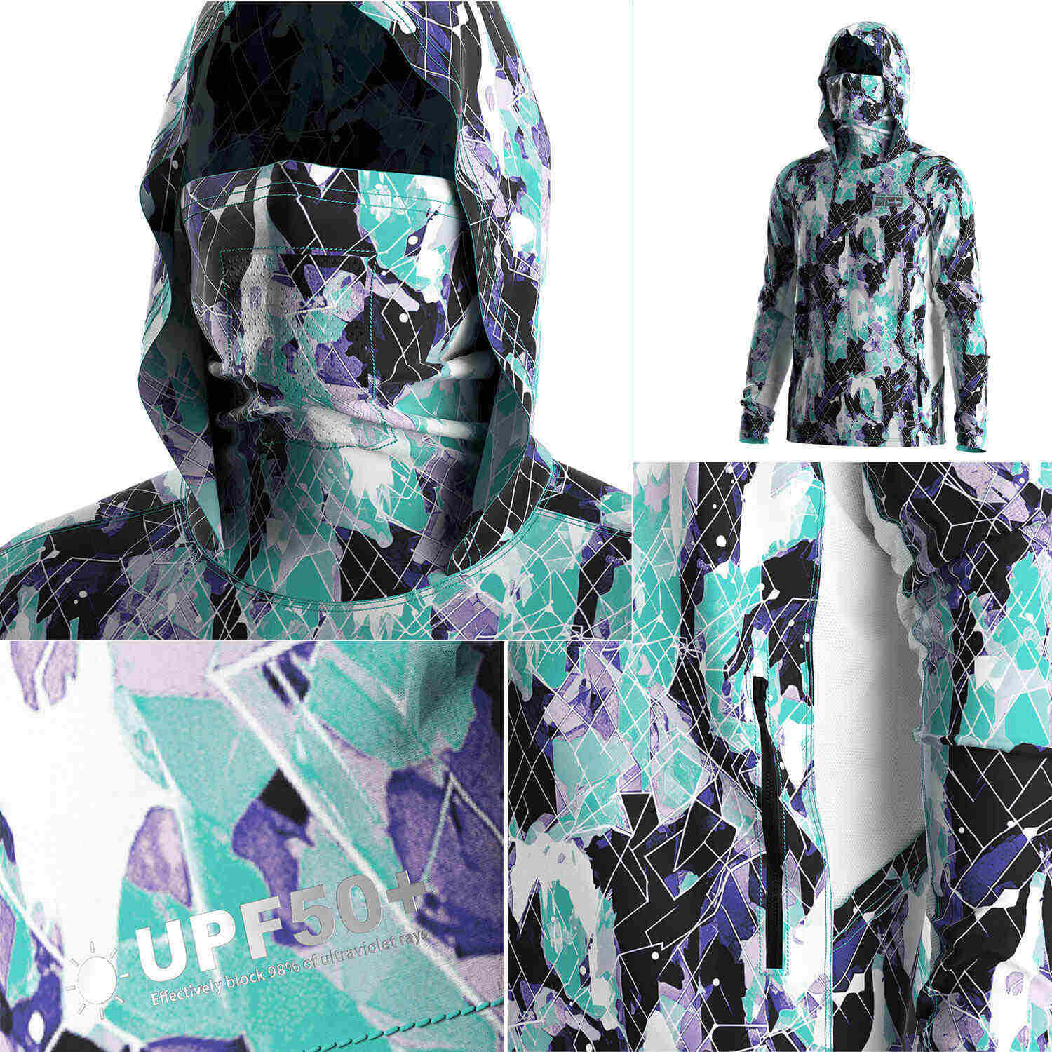 Four details of Men's Green Camo Long sleeve Fishing Hood Shirt with Pocket and Built-in Face Cover (Side Panel Extends Through Underarm to Sleeve Hem)