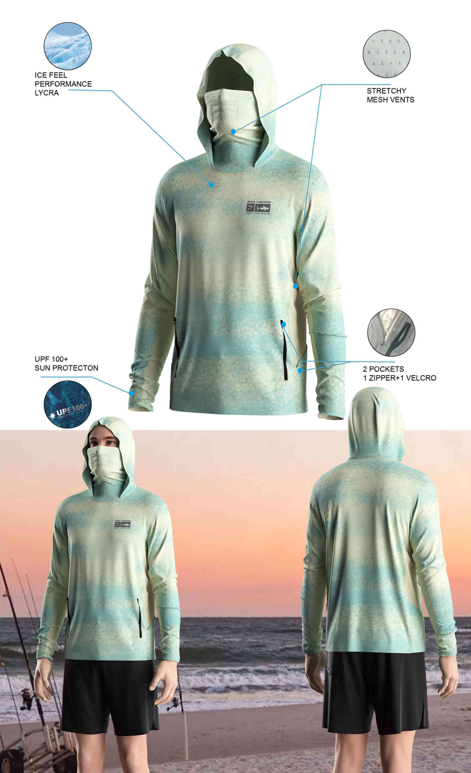 Details features of Men's Water Splash Pattern Long-Sleeve Hoodie with Pocket and Built-in Face Cover – Standard Construction (Side Panel Extends Through Underarm to Sleeve Hem). Front and back view of Male model wearing hood fishing shirt w/ mask.
