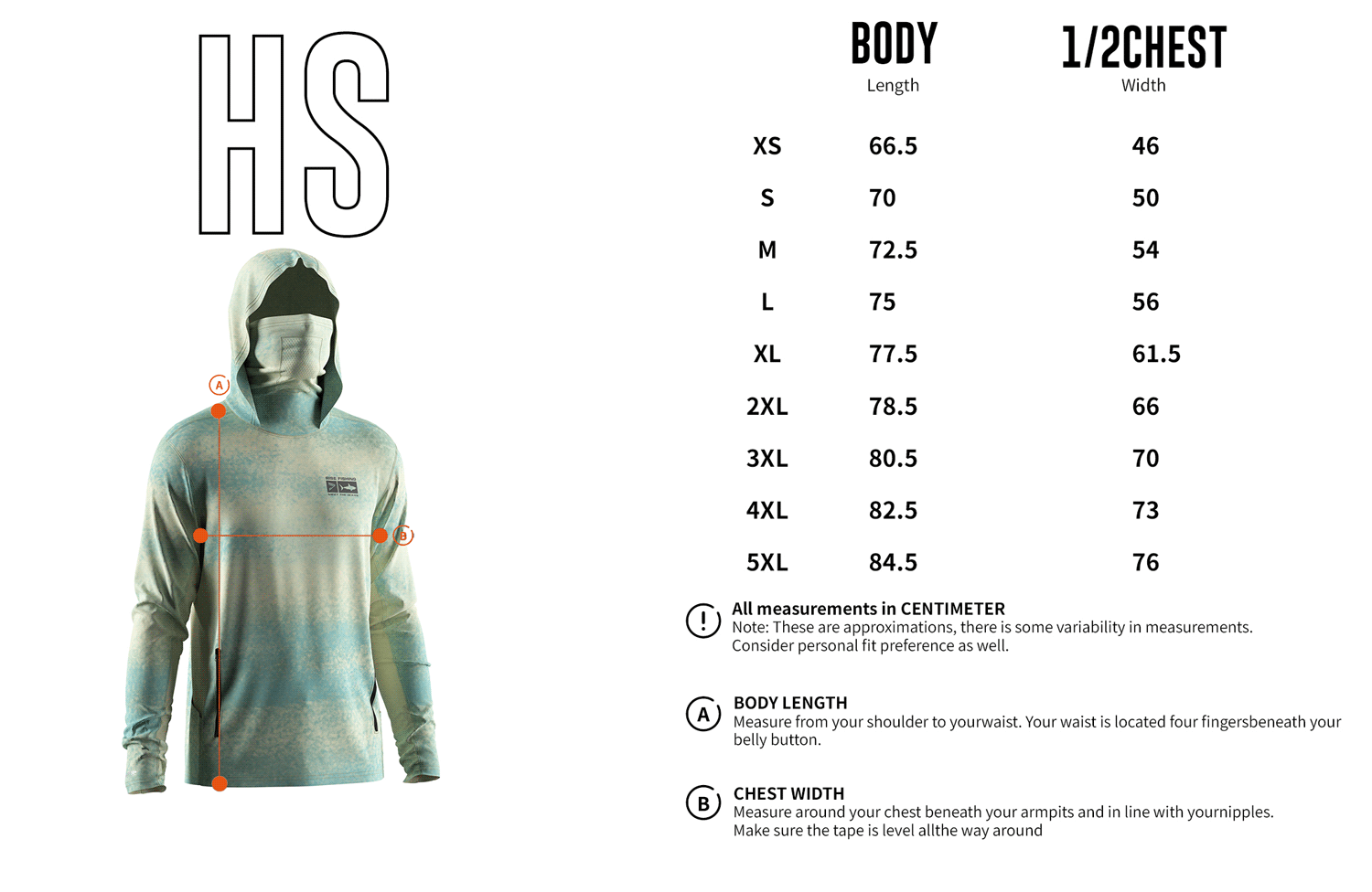 Size chart of Men's Water Splash Pattern Long-Sleeve Hoodie with Pocket and Built-in Face Cover – Standard Construction (Side Panel Extends Through Underarm to Sleeve Hem).