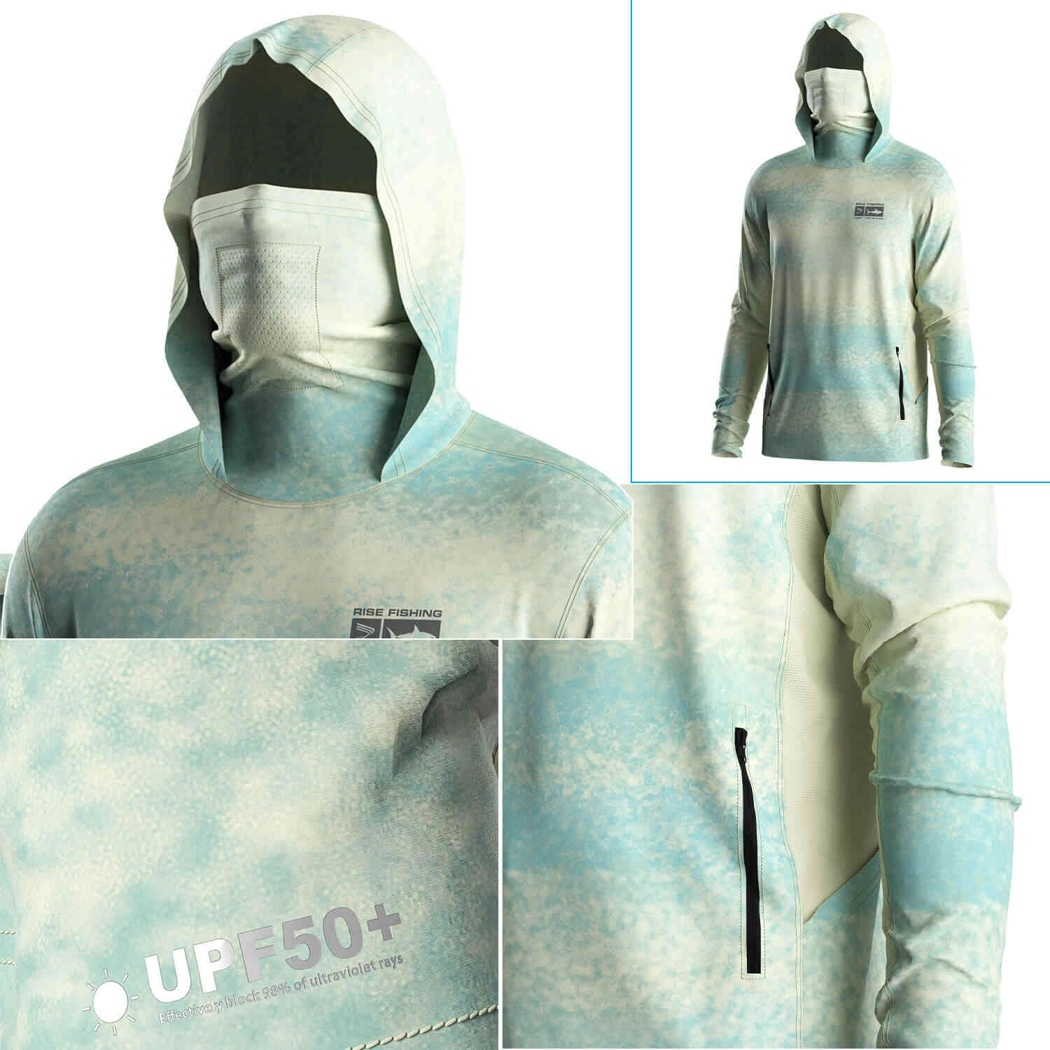 Four details of Men's Water Splash Pattern Long sleeve Fishing Hood Shirt with Pocket and Built-in Face Cover (Side Panel Extends Through Underarm to Sleeve Hem)