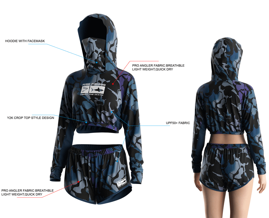 Details features, Front and back view of Women's Cropped Mask Fishing Hooded Shirts and Shorts Set.