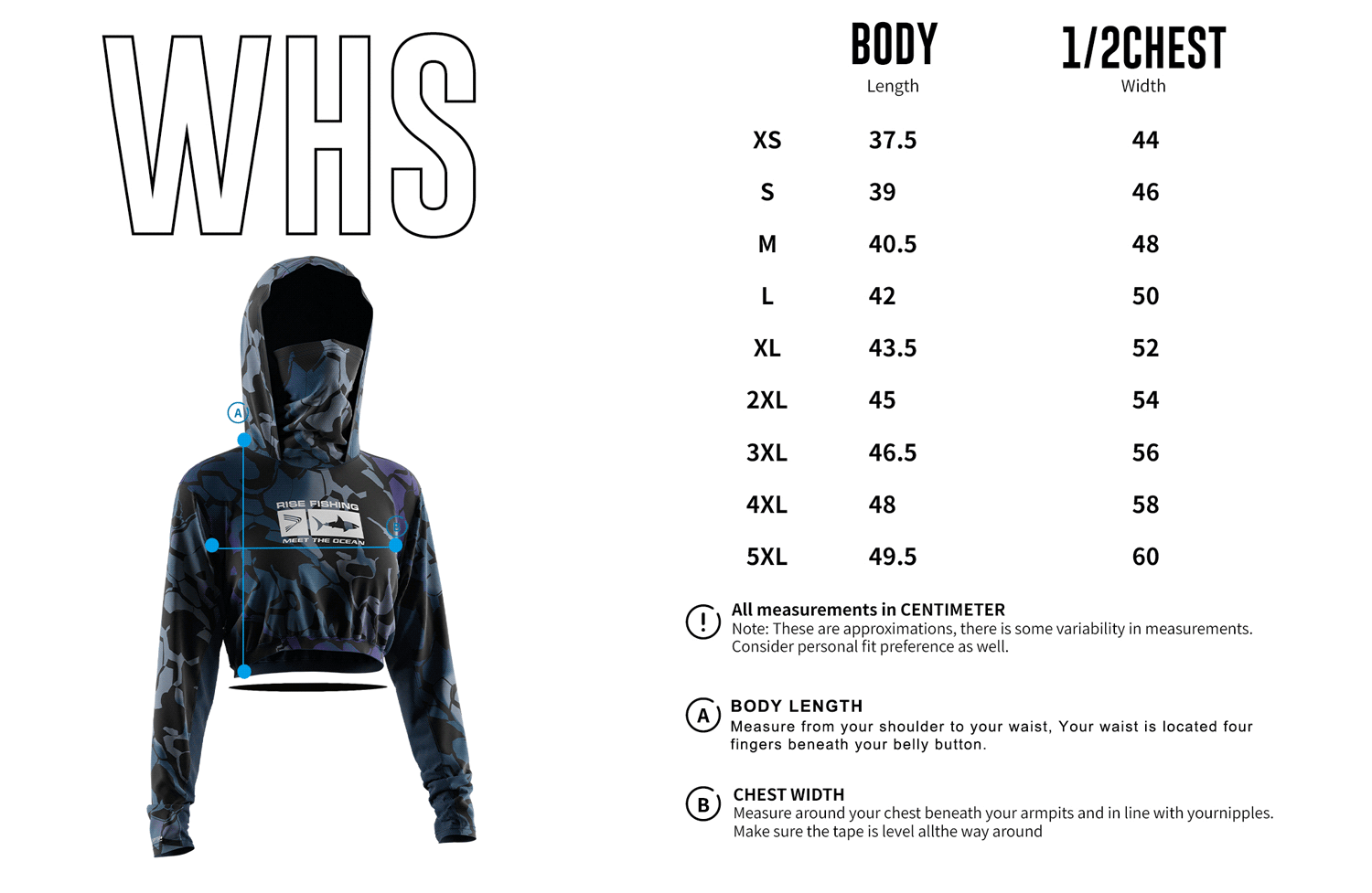 Rise Sportswear Women's Size Chart of Cropped Camo Mask Fishing Hooded Shirts