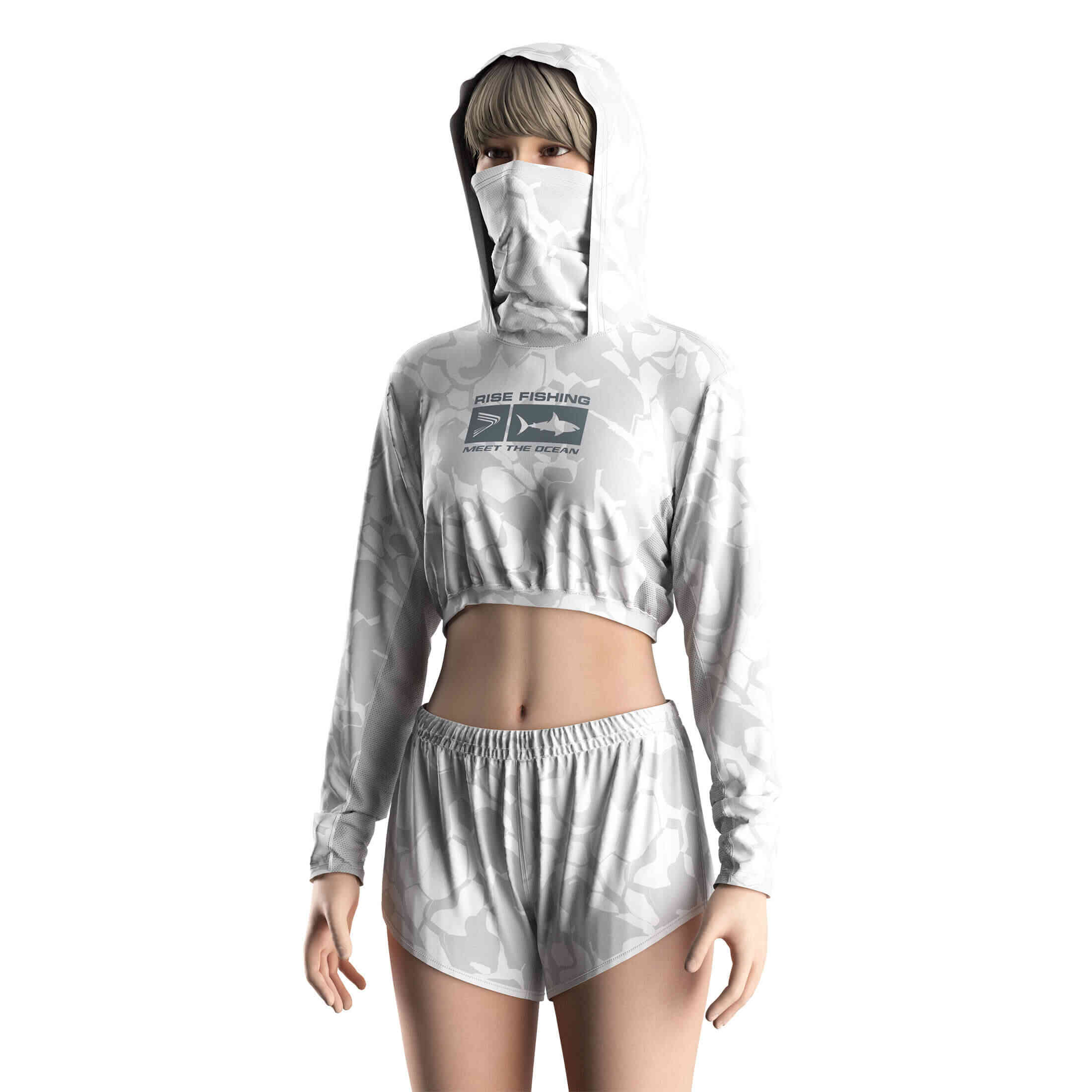 
                Gray-white Camo Female Short Hoodie Fishing Set w/ Mask OEM Supplier