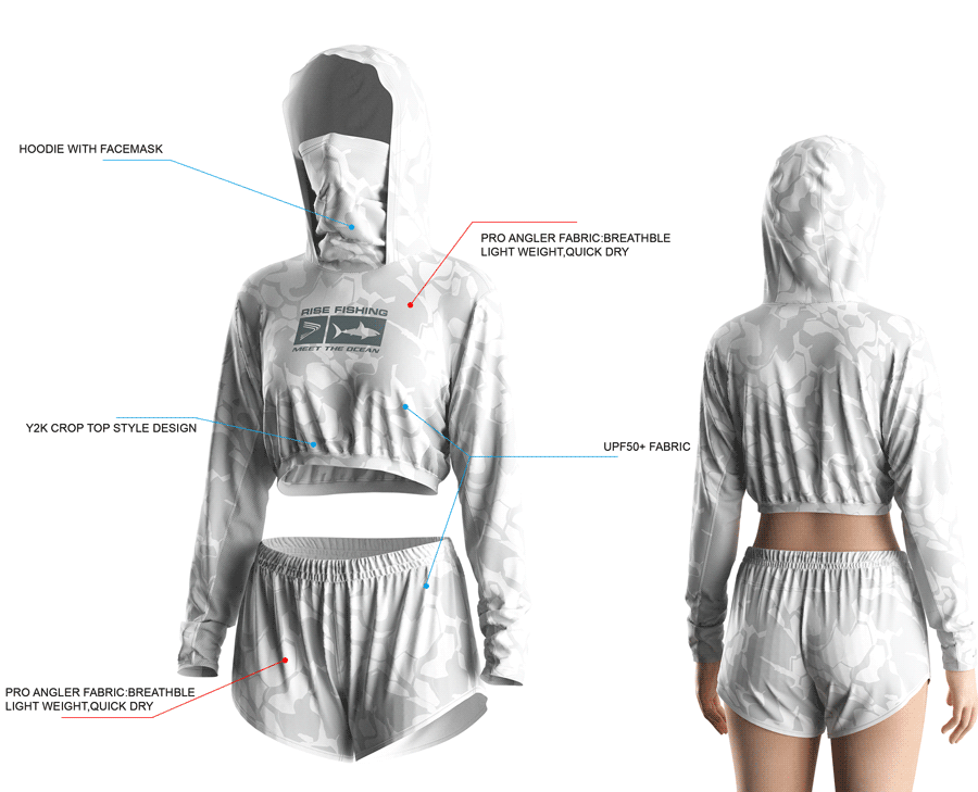 Details features, Front and back view of Women's Cropped Mask Fishing Hooded Shirts and Shorts Set.