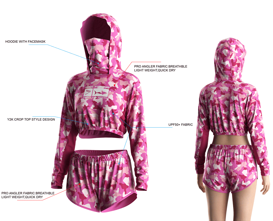 Details features, Front and back view of Women's Cropped Mask Fishing Hooded Shirts and Shorts Set.