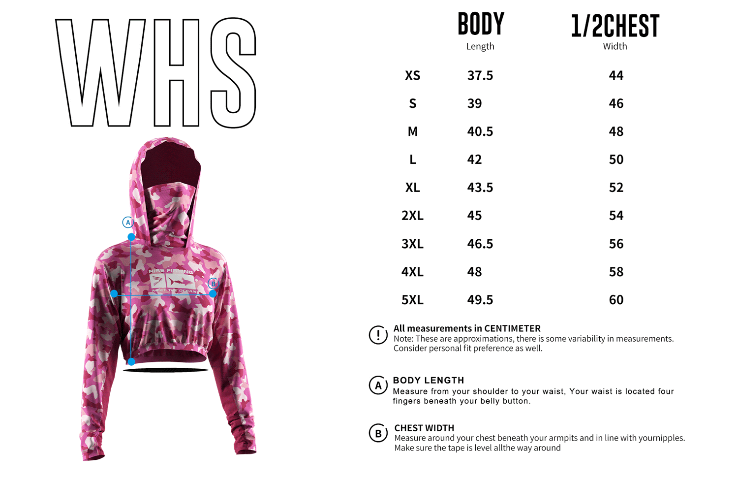 Rise Sportswear Women's Size Chart of Cropped Mask Fishing Hooded Shirts