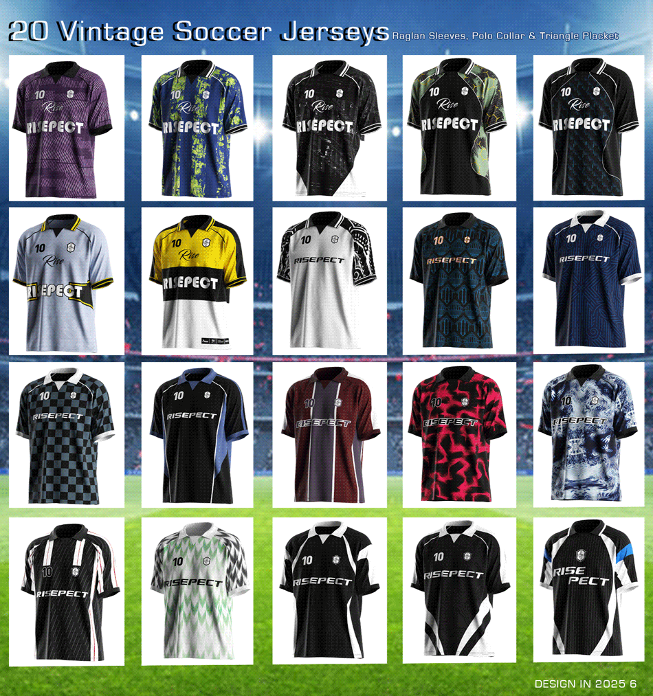 20 Vintage Soccer Jerseys (Raglan Sleeves, Polo Collar & Triangle Placket) - June 2025 Designs in Rise Sportswear
