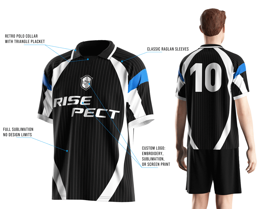 Visual features front view & back view of male model wearing Blue Accent vintage soccer jersey