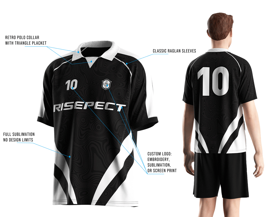 Visual features front view & back view of male model wearing modern cut black vintage soccer jersey