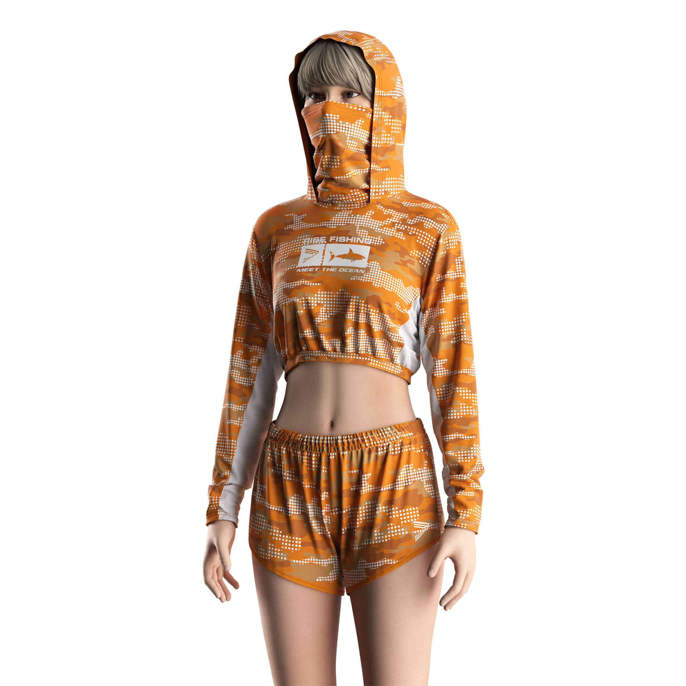 
                Orange Camo Crop Sea Fishing Hoodie & Shorts w/ Mask For Women Bulk