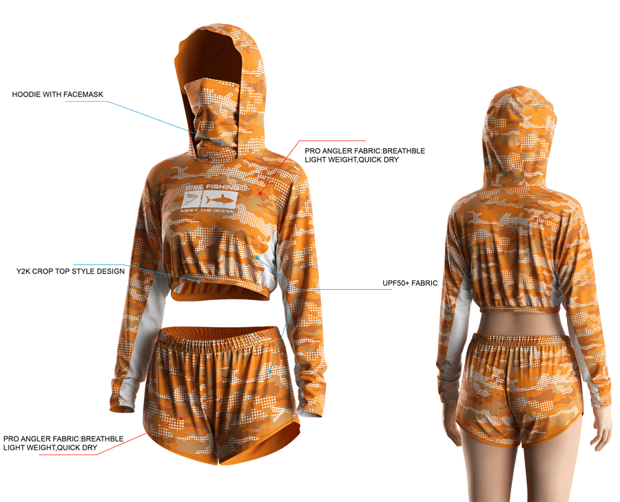 Details features, Front and back view of Women's Cropped Mask Fishing Hooded Shirts and Shorts Set.