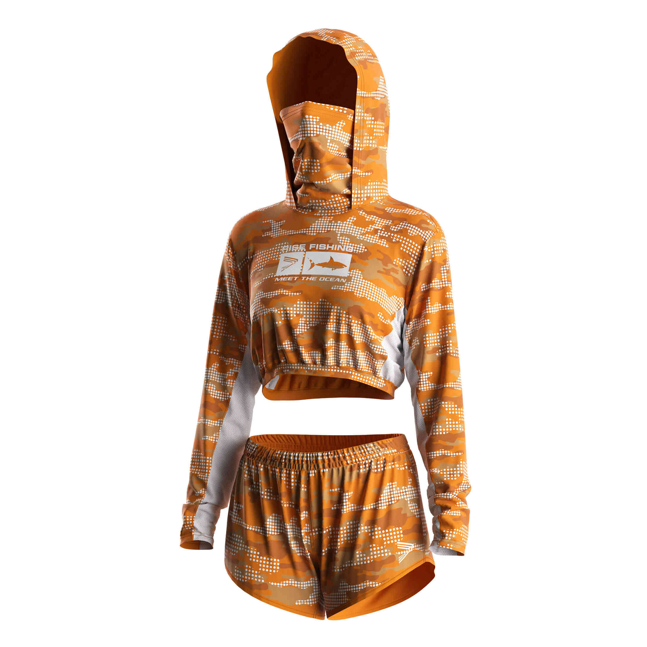 
                Orange Camo Crop Sea Fishing Hoodie & Shorts w/ Mask For Women Bulk