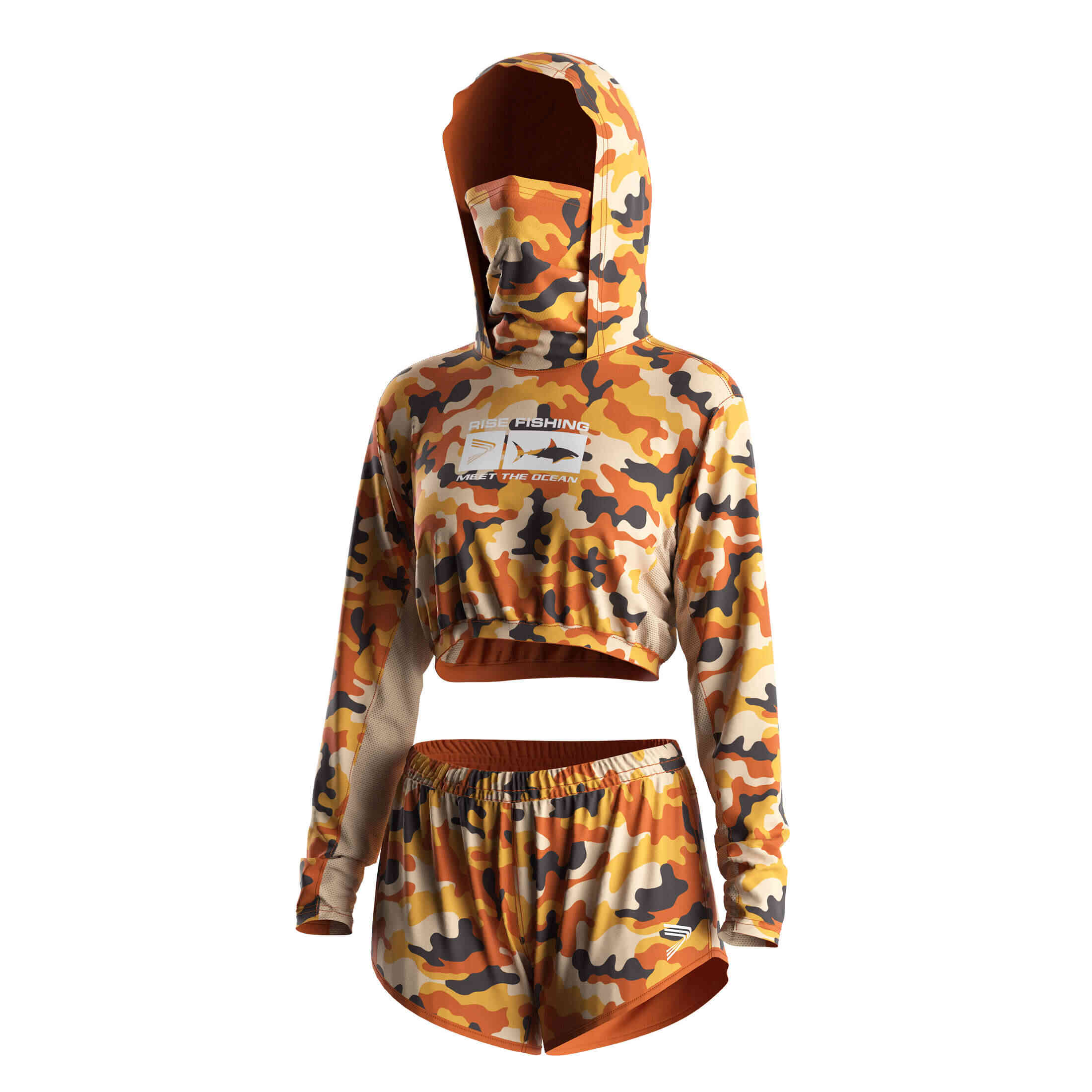 
                Orange Camo Women's Fishing Crop Hoodie Set w/ Mask Sublimated Factory