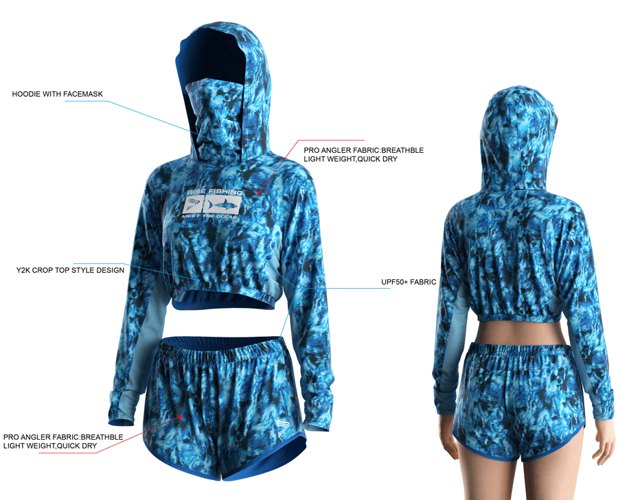 Details features, Front and back view of Women's Cropped Mask Fishing Hooded Shirts and Shorts Set.