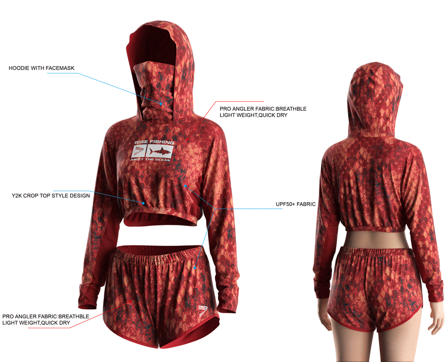 Details features, Front and back view of Women's Cropped Mask Fishing Hooded Shirts and Shorts Set.