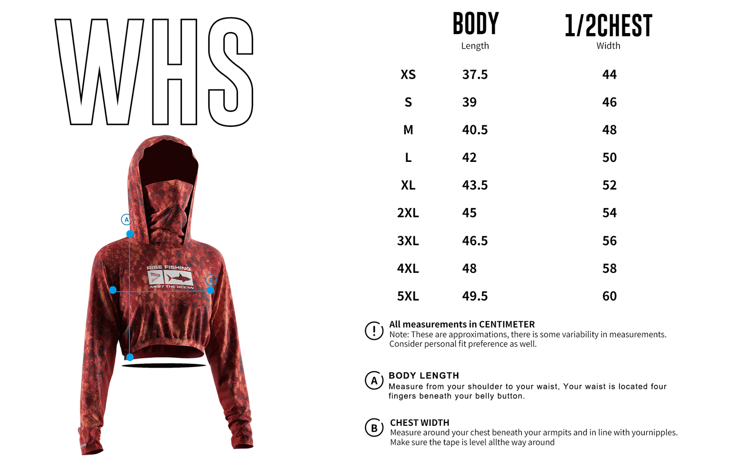 Rise Sportswear Women's Size Chart of Cropped Mask Fishing Hooded Shirts