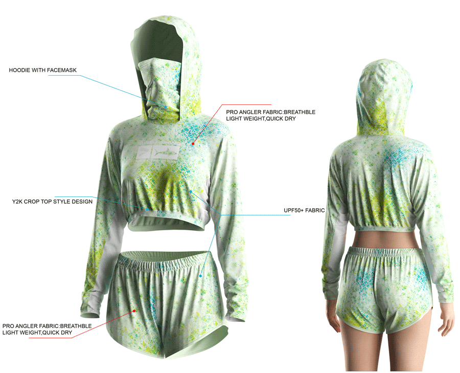Details features, Front and back view of Women's Cropped Mask Fishing Hooded Shirts and Shorts Set.