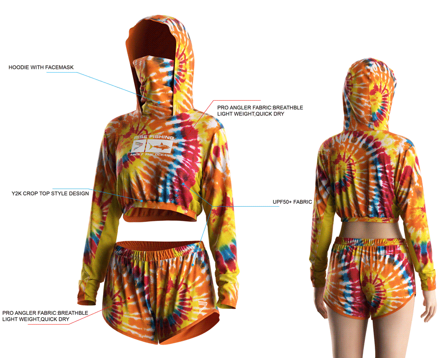 Details features, Front and back view of Women's Cropped Mask Fishing Hooded Shirts and Shorts Set.